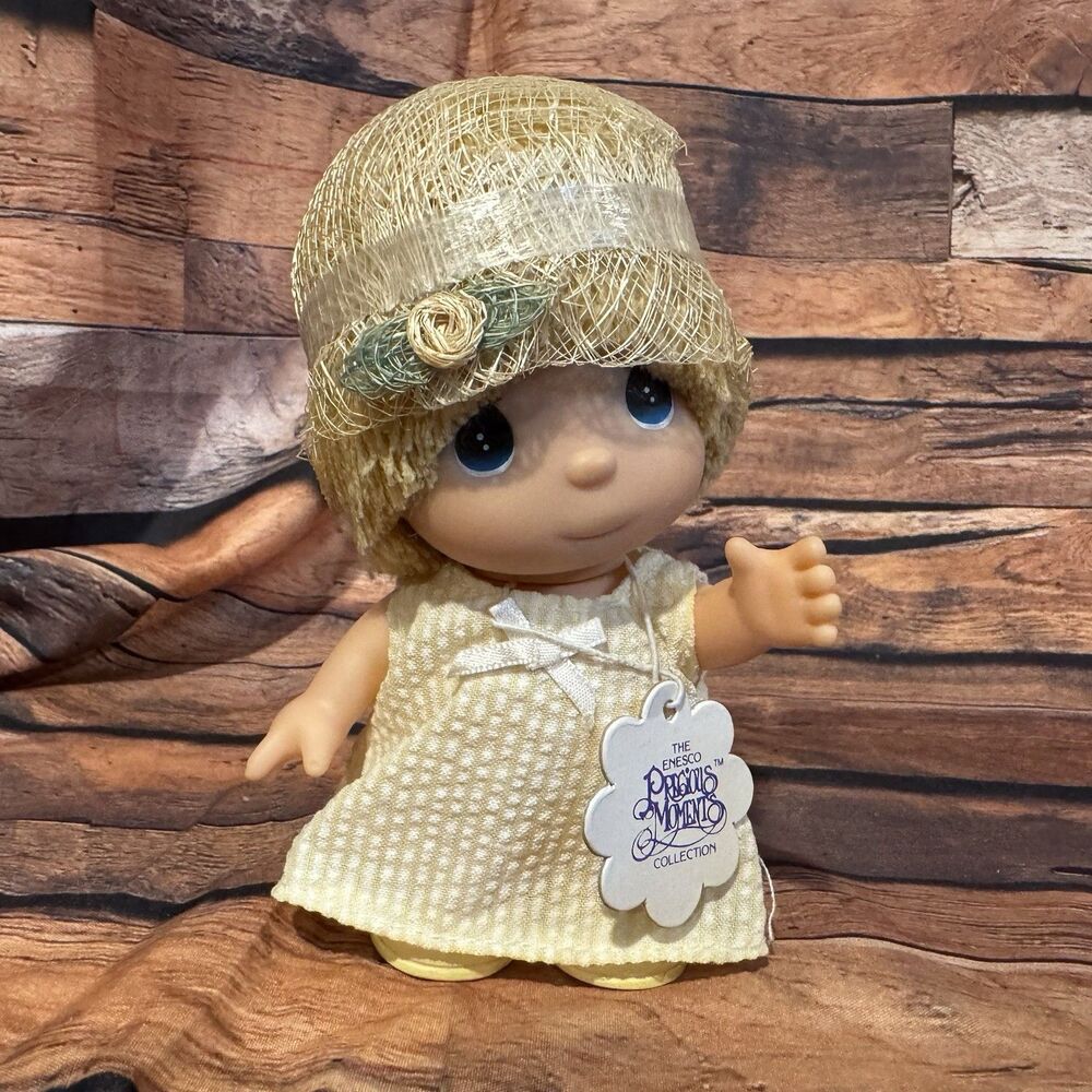 Vtg 1988 Precious Moments Hi Babies Doll Enesco 5" Yellow Dress Straw Hat June